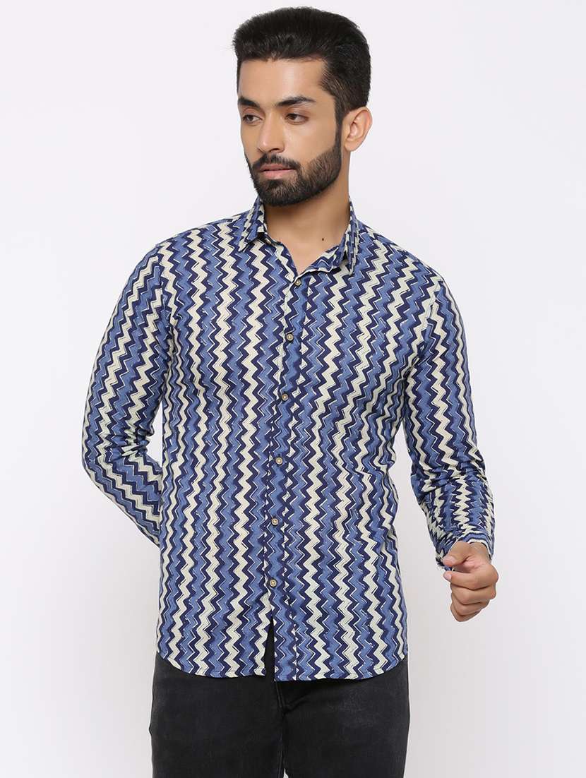 blue chevron print casual shirt