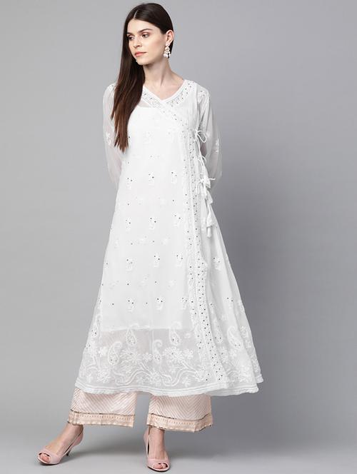 ada hand-embroidered white georgette chikankari angarkha kurti with muqaish - 17115804 - Standard Image - 0