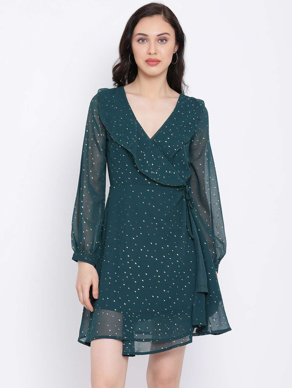 ruffle detail tie front a-line dress 