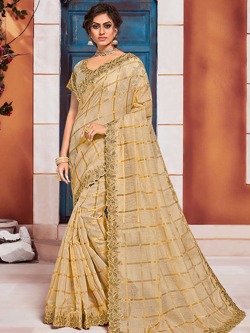 checkered embroidered saree with blouse
