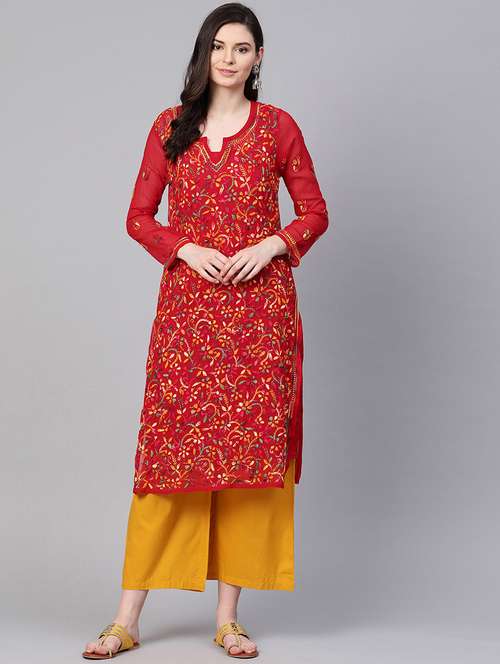 elegante red multi color embroidered chikankari women kurta - 17131350 -  Standard Image - 0