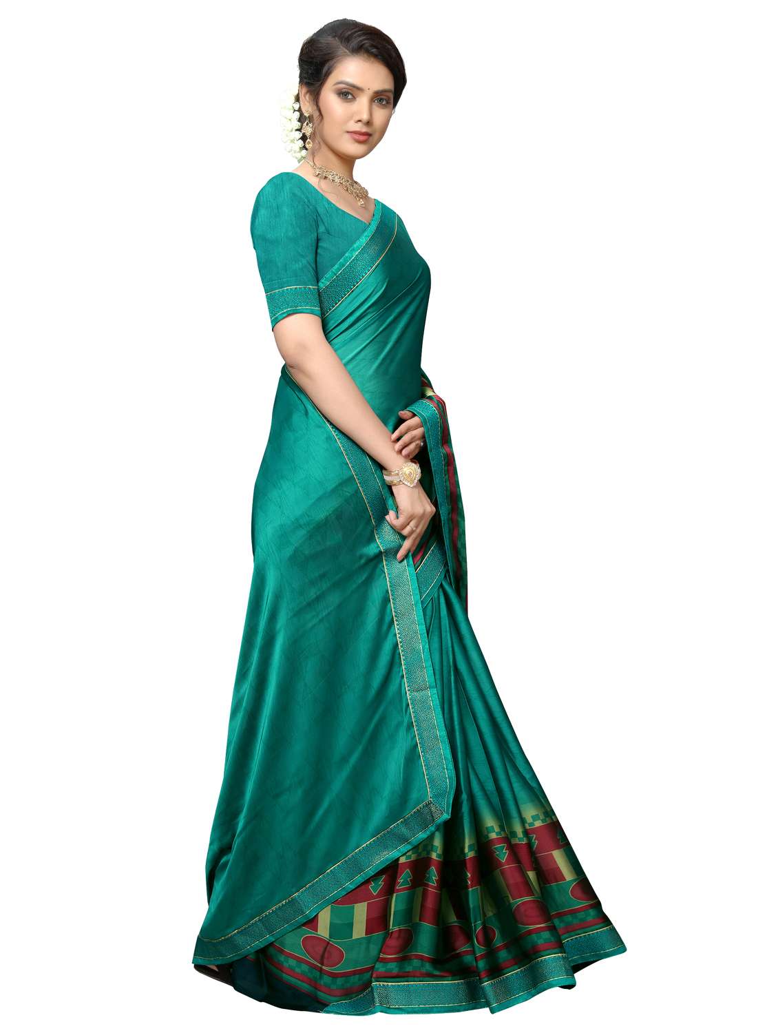 turquoise kora silk printed saree with blouse - 17136841 -  Standard Image - 1