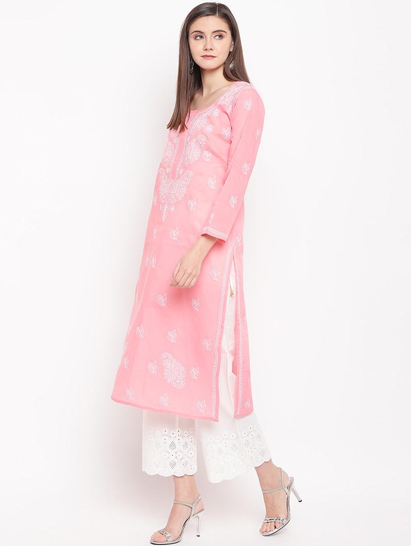 cotton pink color chikankari women lucknowi kurta - 17140420 -  Standard Image - 1