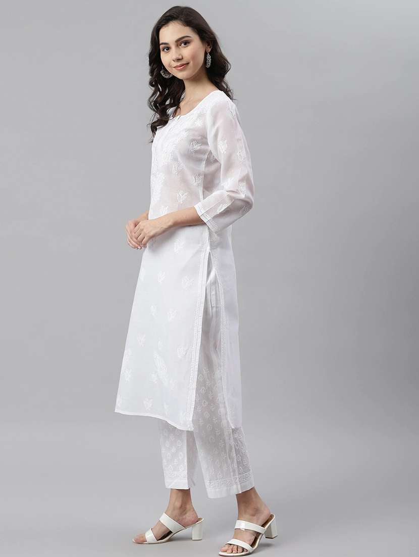 women's chikankari cotton white kurta - 17140421 -  Standard Image - 1