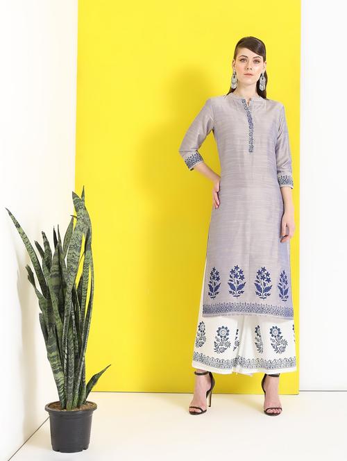 block print silk straight kurta - 17142347 - Standard Image - 0