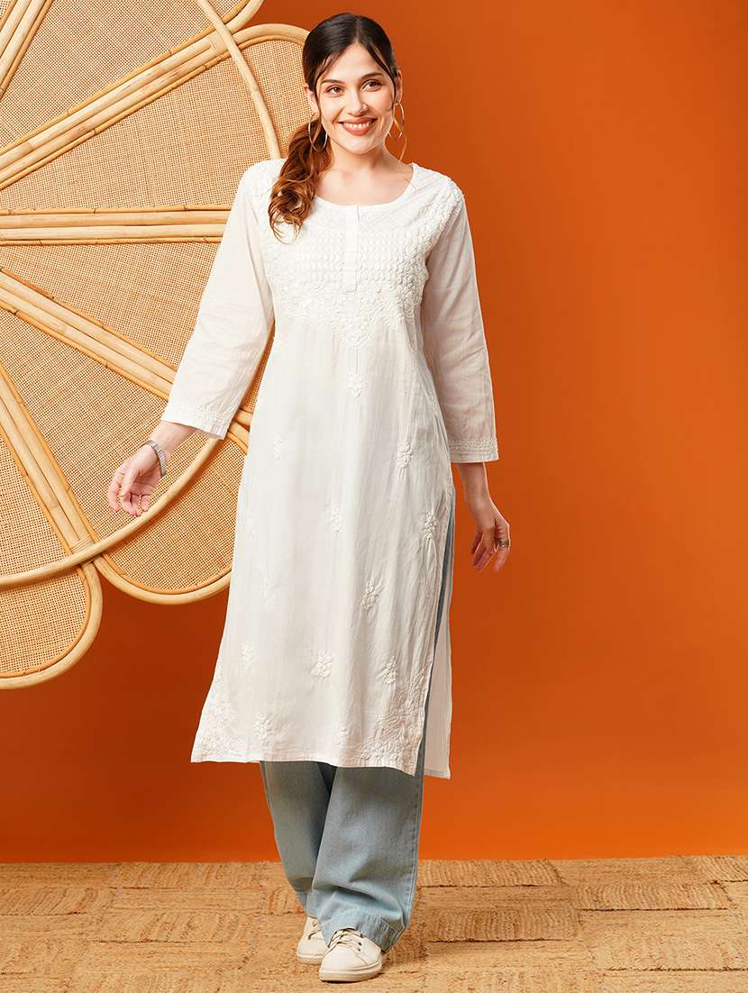 white knee length cotton chikan handworked straight kurta