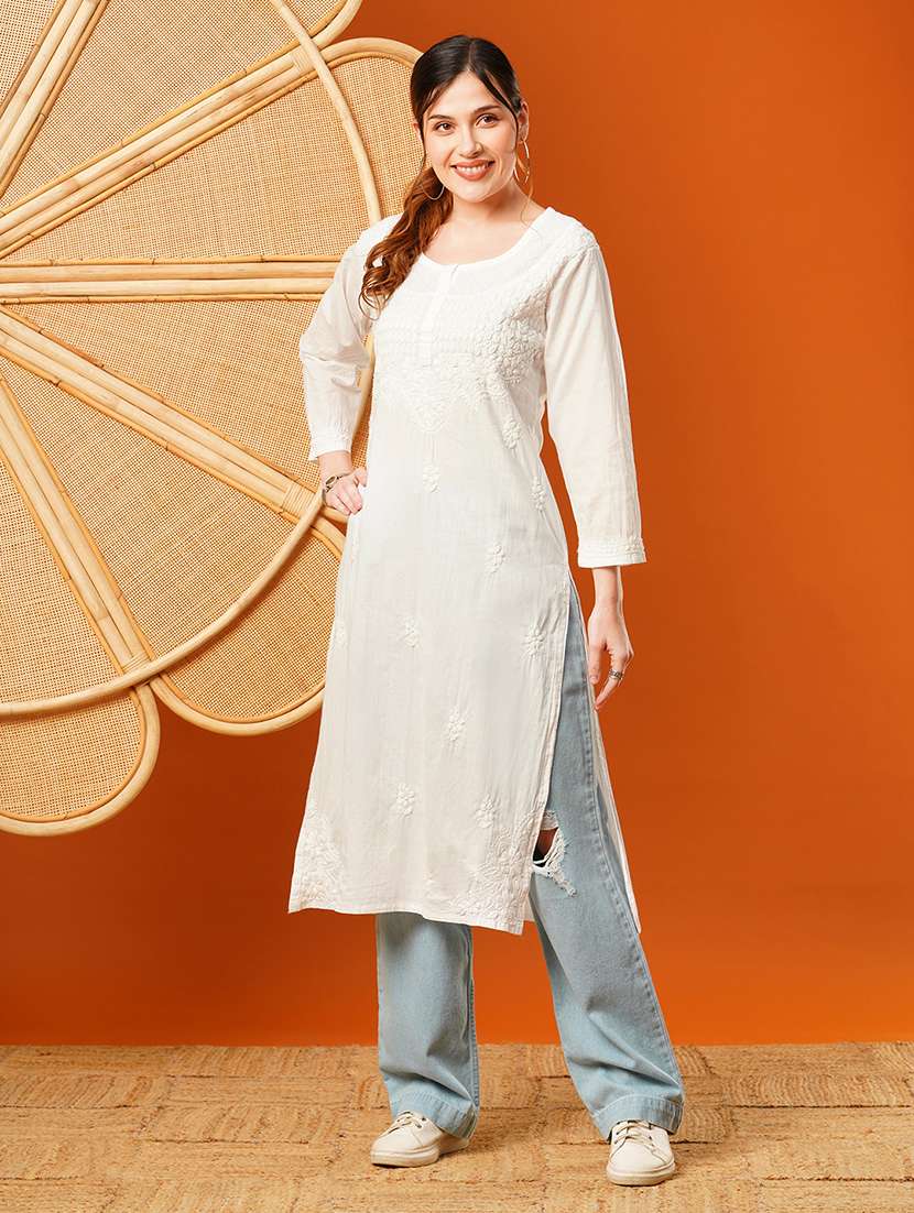white knee length cotton chikan handworked straight kurta - 17142771 -  Standard Image - 1