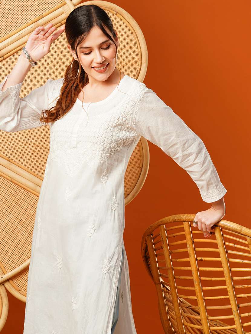 white knee length cotton chikan handworked straight kurta - 17142771 -  Standard Image - 4