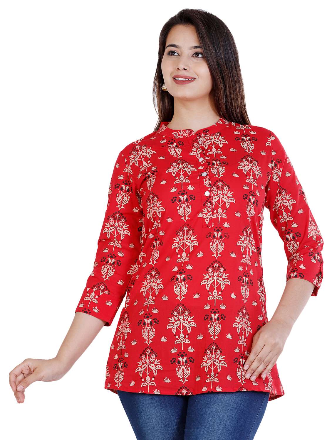 red printed mandarin neck a line tunic