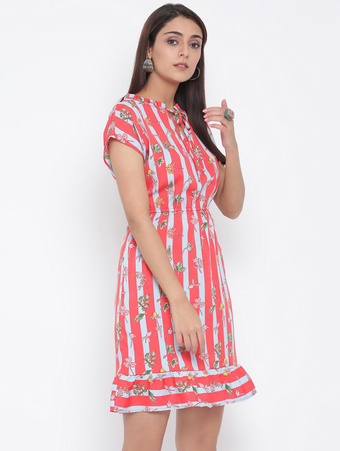 tie up neck striped a-line dress - 17152490 - Standard Image - 1