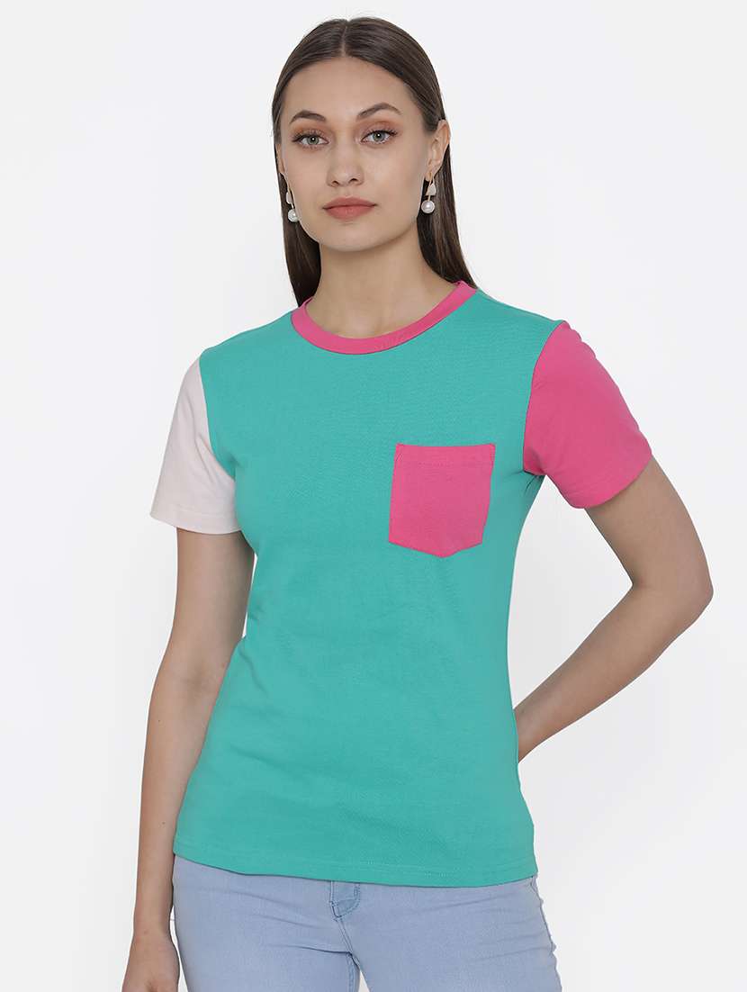 women's color block round neck t-shirt