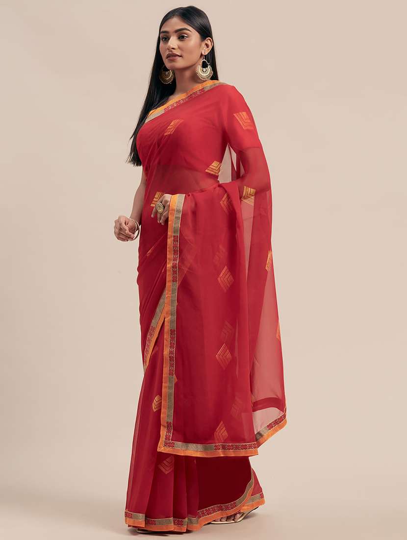women's abstract red colored saree with blouse