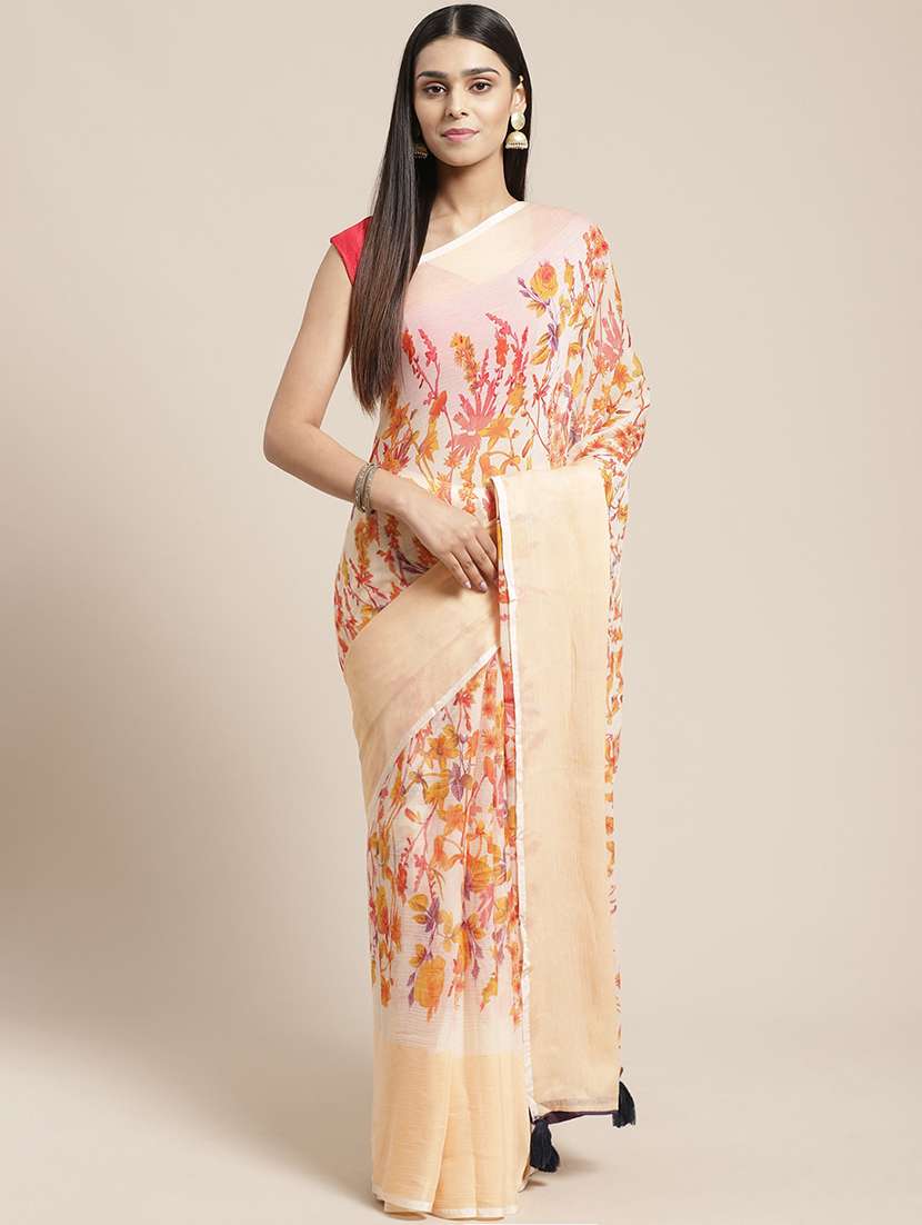 women's floral off white colored saree