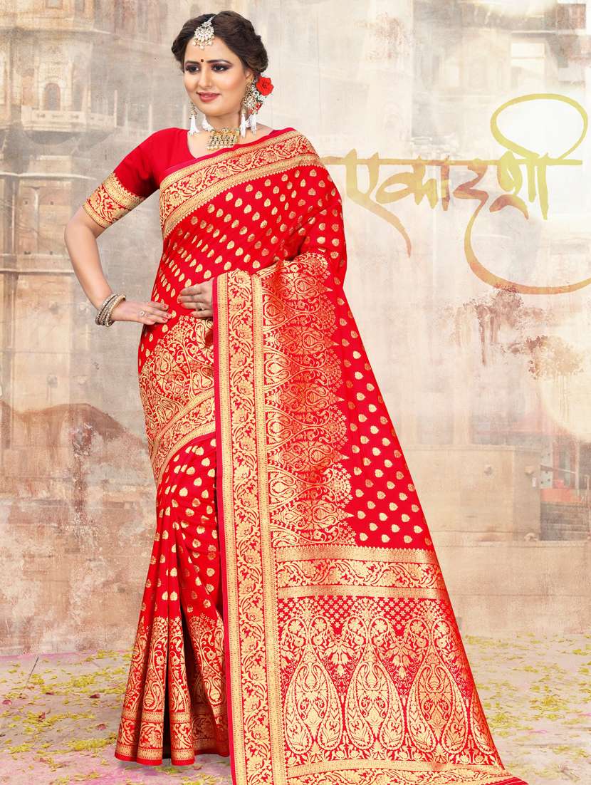 women's self design red colored saree with blouse