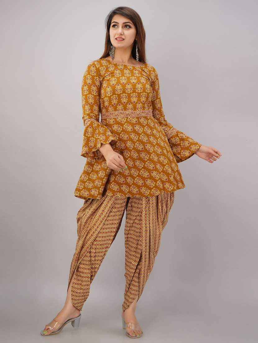women mustard dhoti kurta set