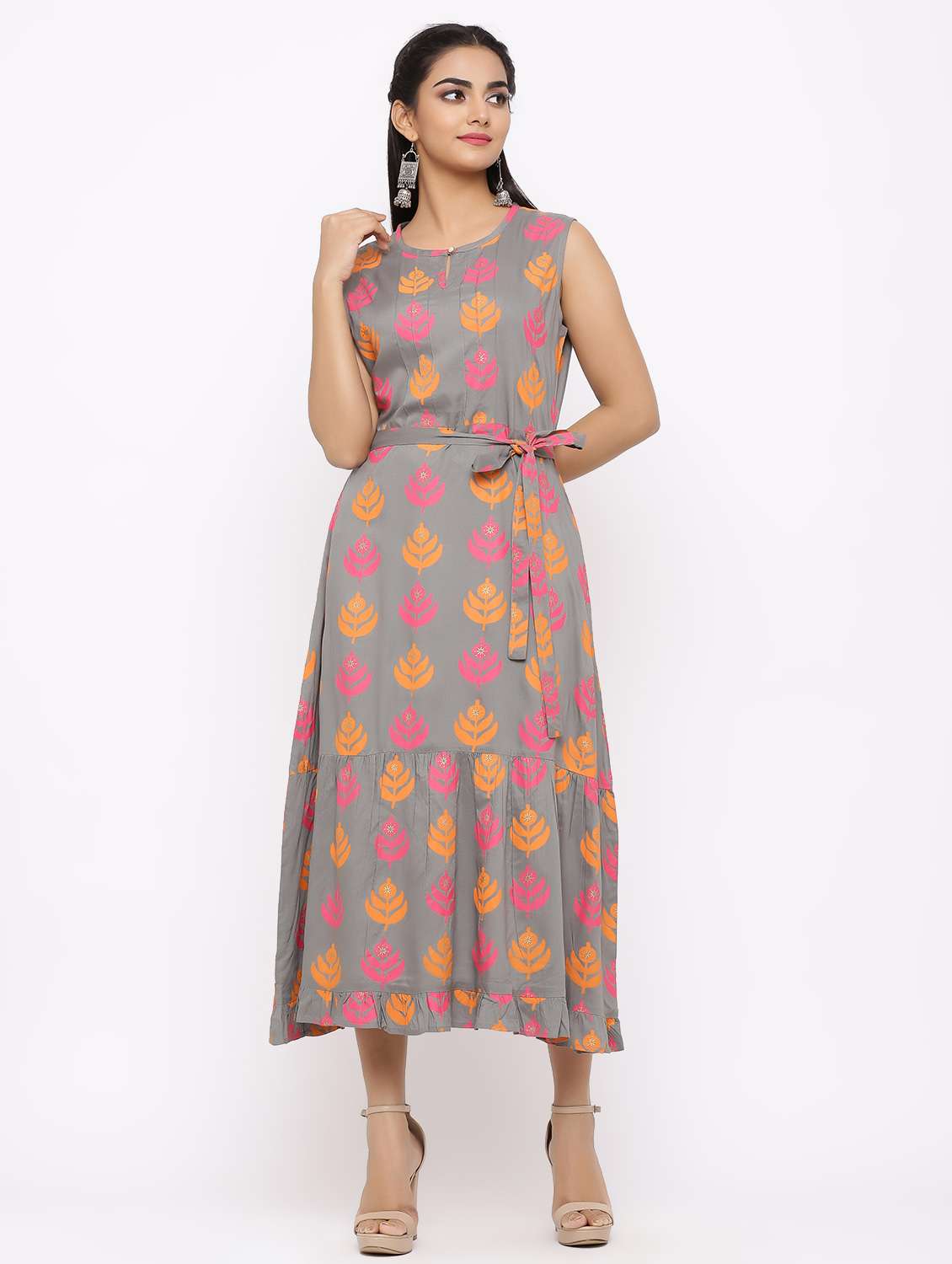 printed tiered flare ethnic dress