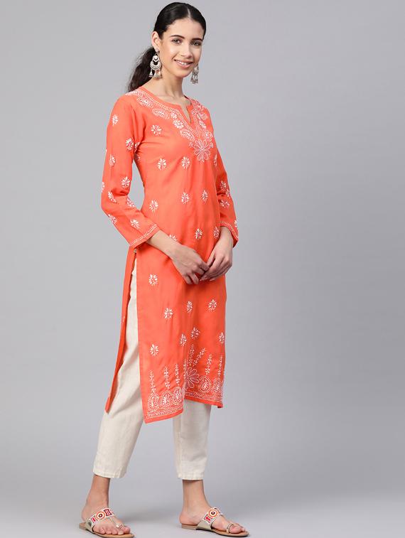 cotton knee length orange straight chikankari kurta for women - 17183838 - Standard Image - 1