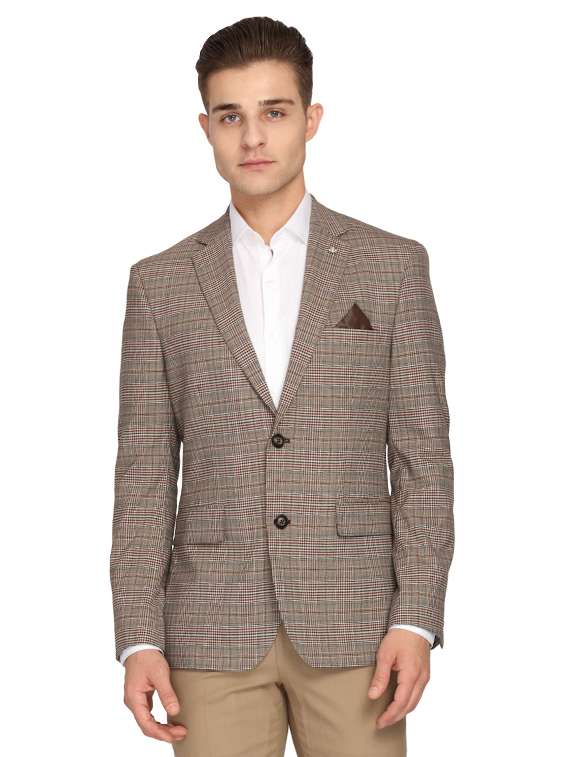 brown checkered single breasted casual blazer
