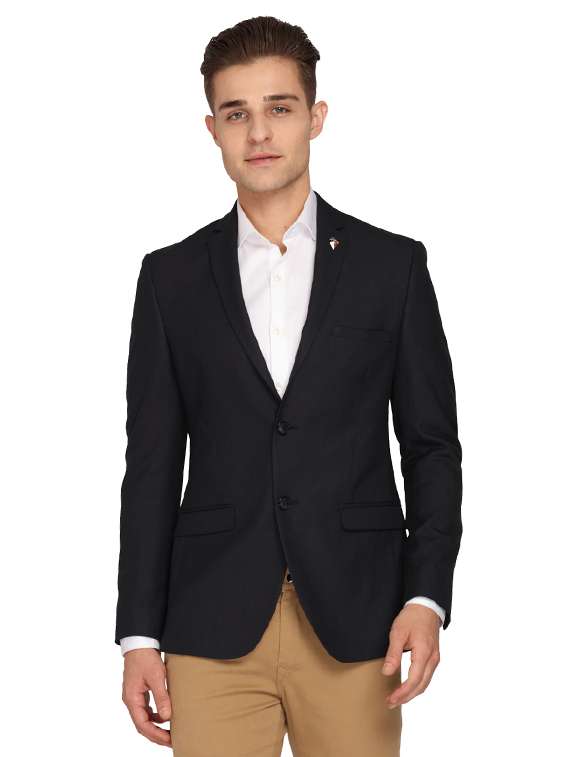 navy blue solid single breasted casual blazer