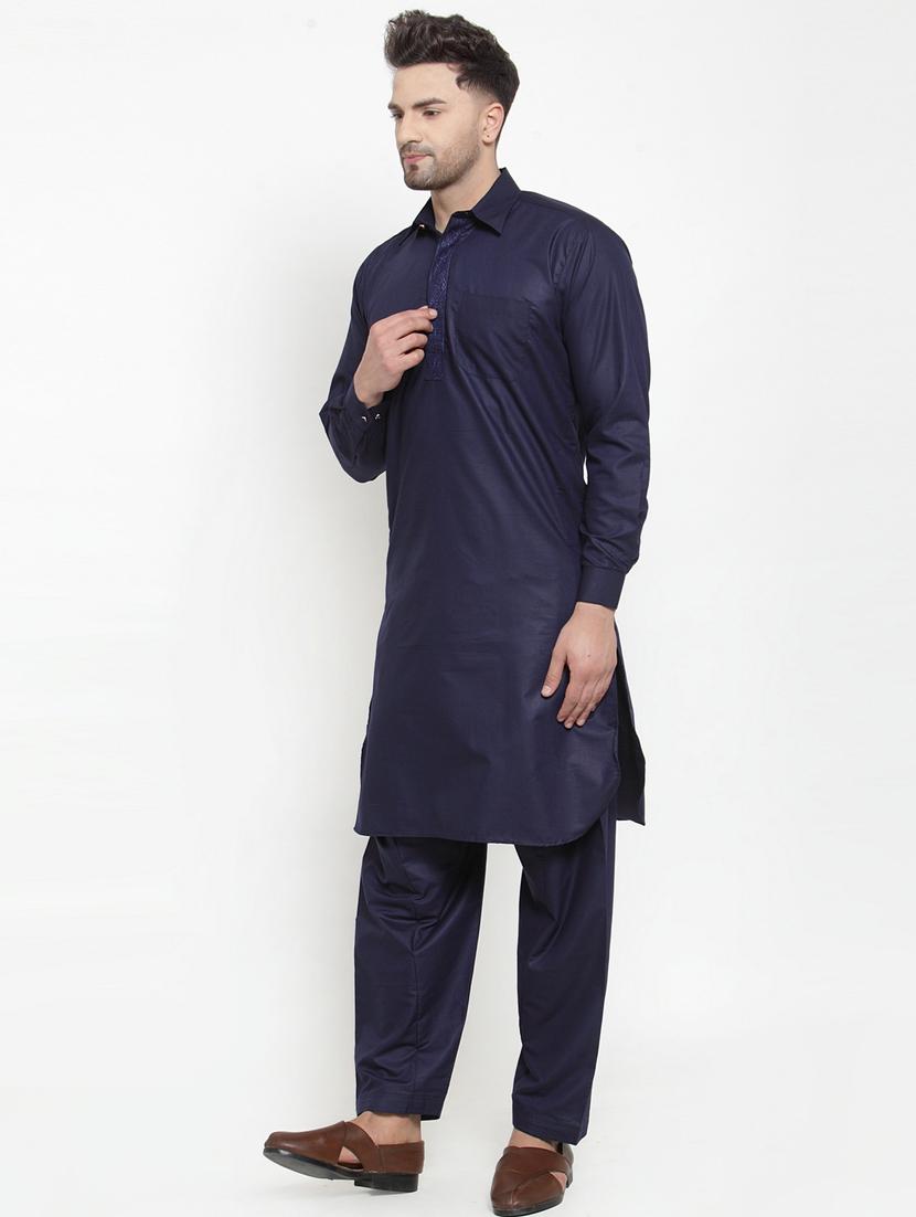 navy blue solid pathani set with embroidered neckline - 17192235 - Standard Image - 1