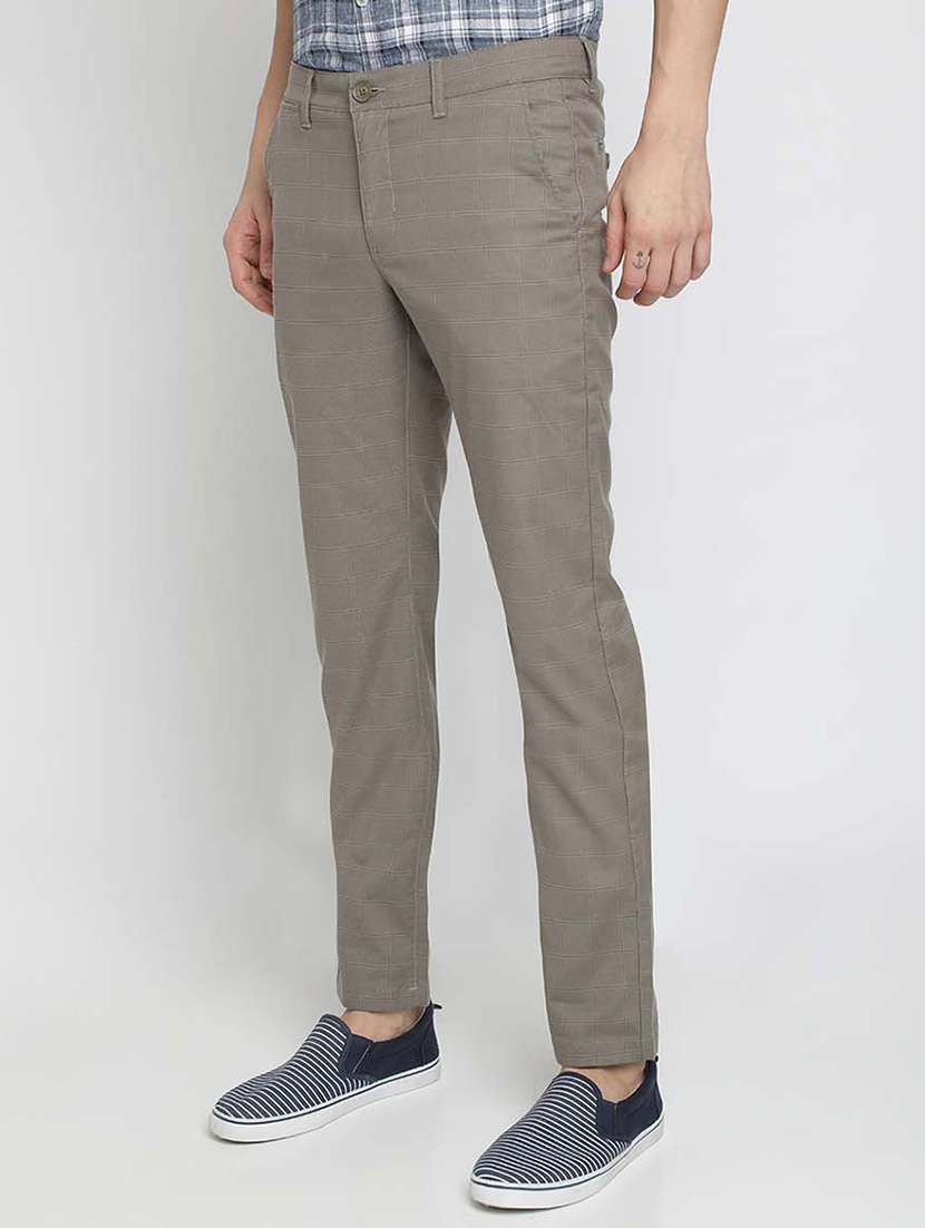 brown checkered flat front casual trouser - 17194166 - Standard Image - 1