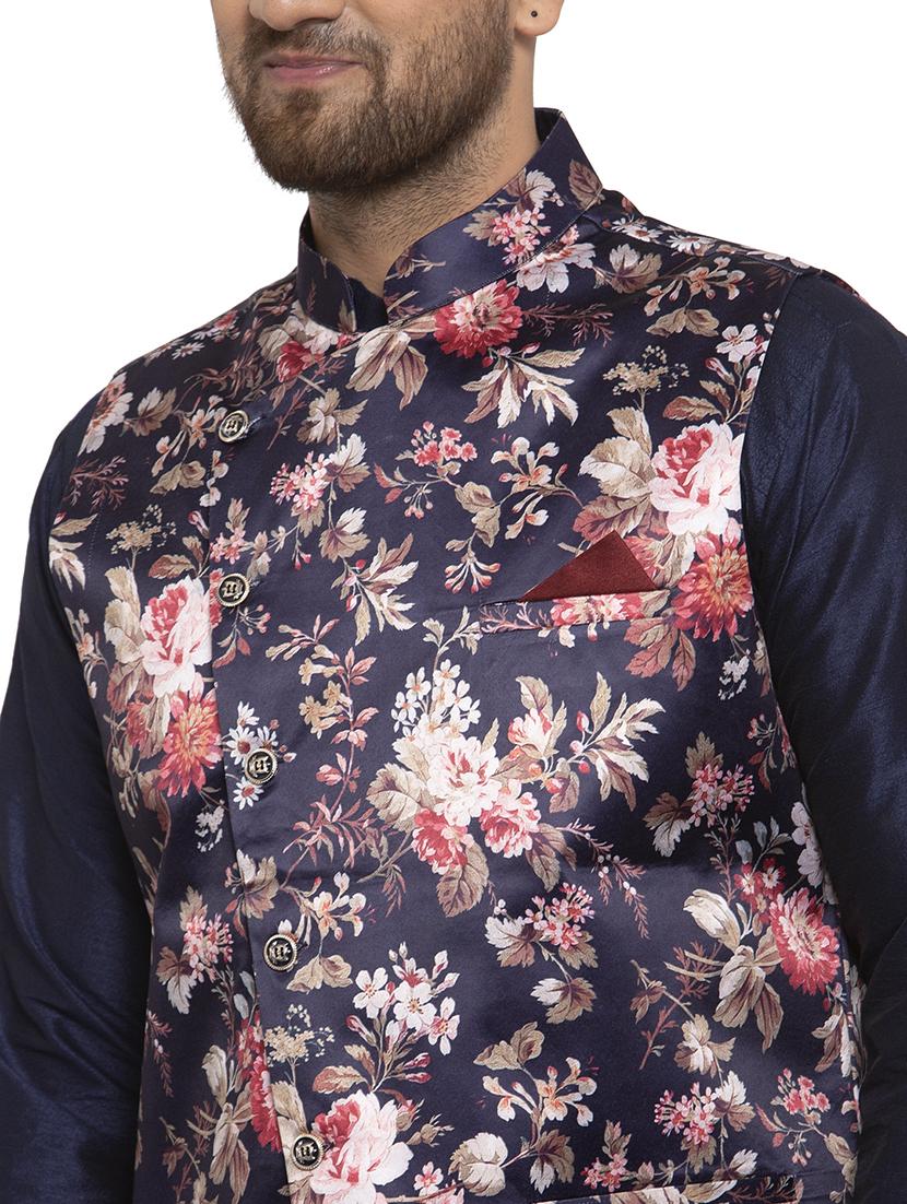 navy blue solid dupion kurta pyjama set with blue printed nehru jacket - 17205553 - Standard Image - 4