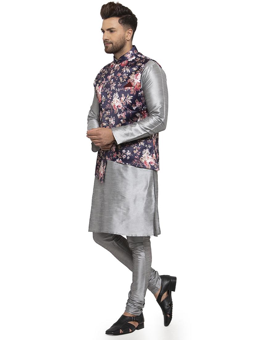 grey solid dupion kurta pyjama set with navy blue printed nehru jacket - 17205555 -  Standard Image - 1