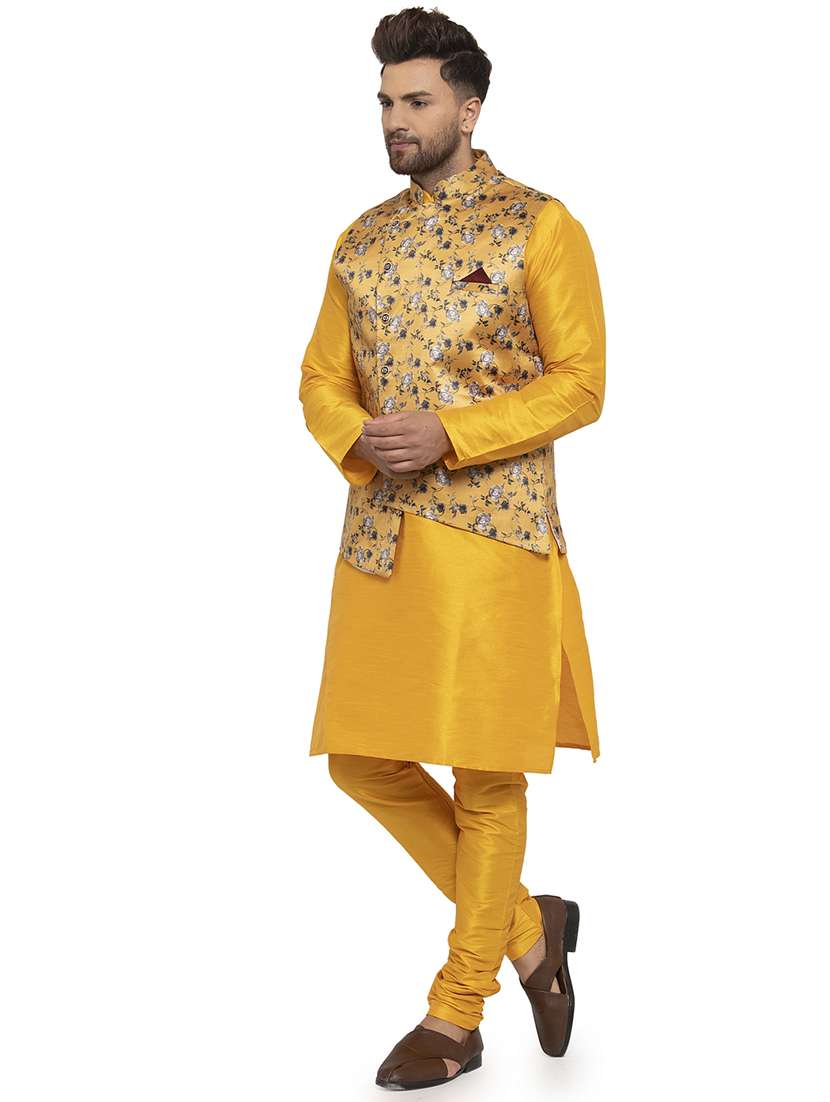 yellow solid dupion kurta pyjama set with mustard printed nehru jacket - 17205556 - Standard Image - 1