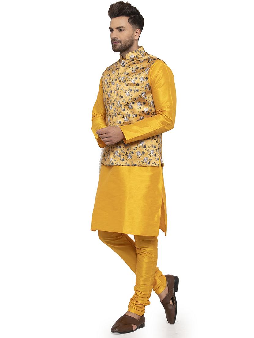 yellow solid dupion kurta pyjama set with mustard printed nehru jacket - 17205565 - Standard Image - 1