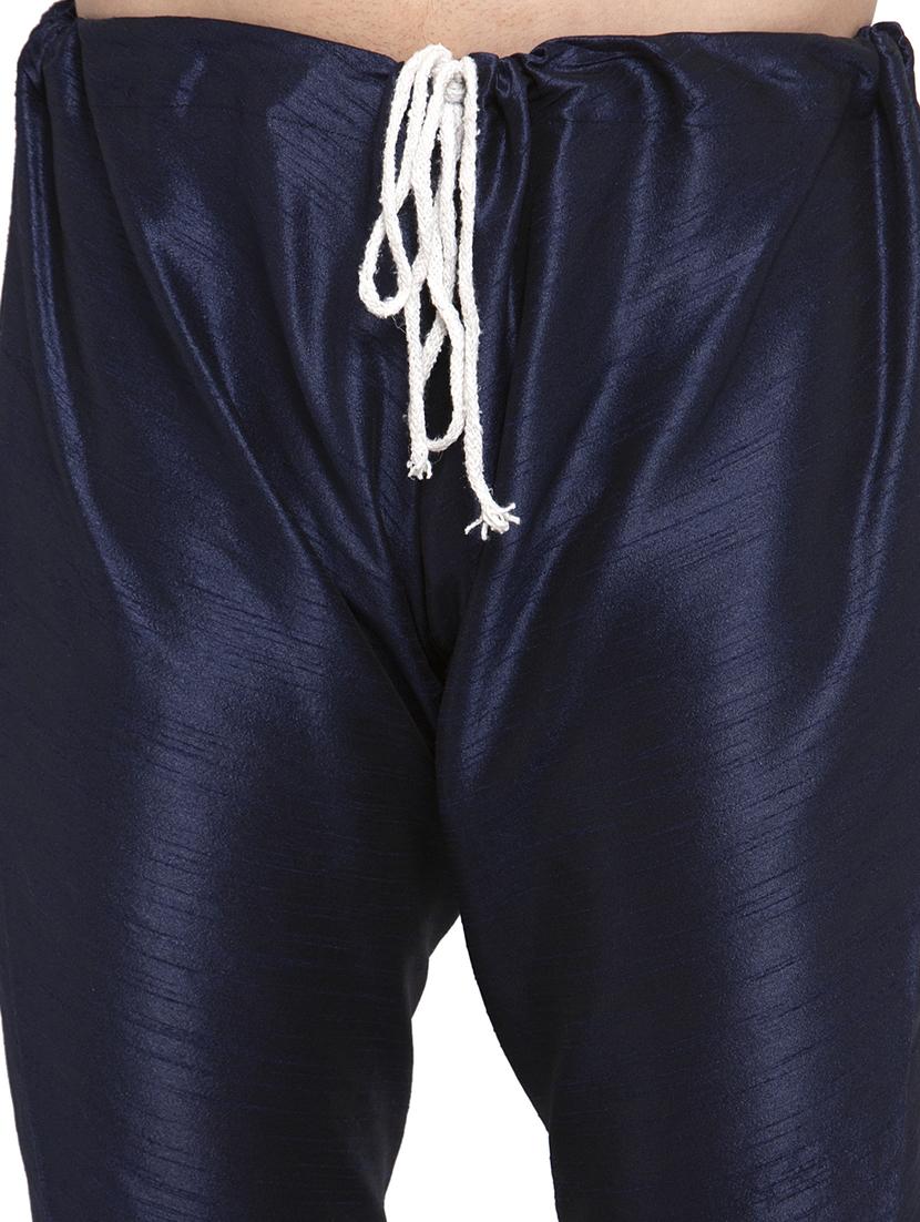 navy blue solid dupion kurta pyjama set with printed nehru jacket - 17205573 - Standard Image - 4