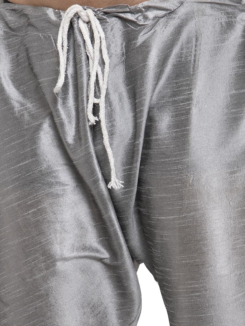 grey solid dupion kurta pyjama set with blue printed nehru jacket - 17205580 - Standard Image - 4