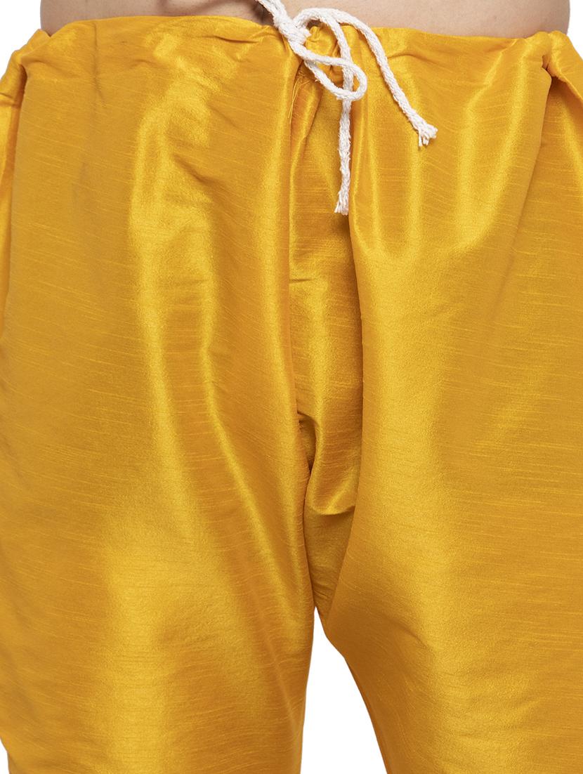 yellow solid dupion kurta pyjama set with yellow printed nehru jacket - 17205581 - Standard Image - 4