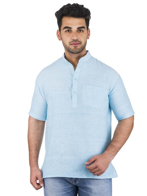light blue solid khadi cotton short kurta - 17207748 -  Standard Image - 0
