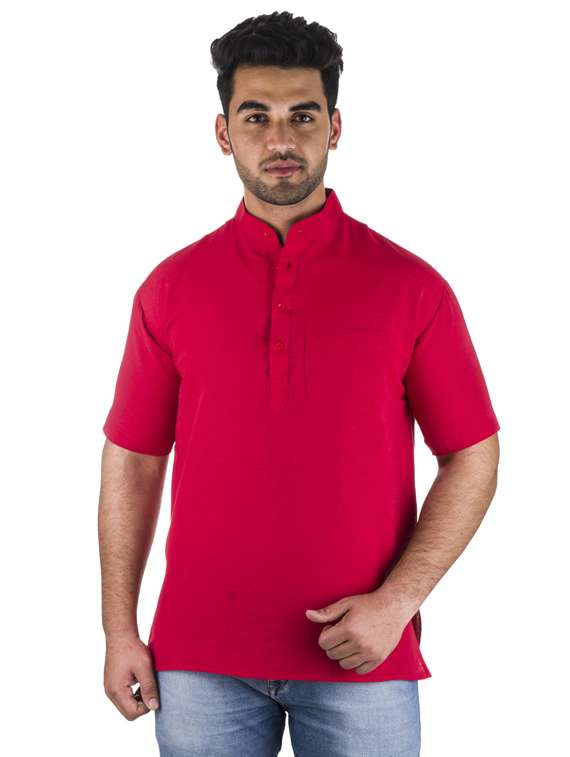 men pink solid khadi cotton short kurta