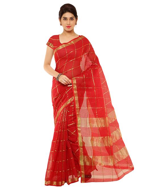 women's checks red colored saree with blouse - 17210832 -  Standard Image - 0