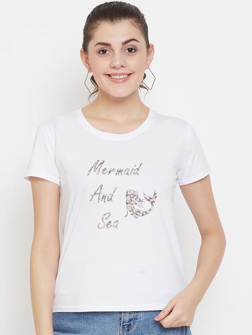 women's chest print round neck t-shirt - 17212643 - Standard Image - 0