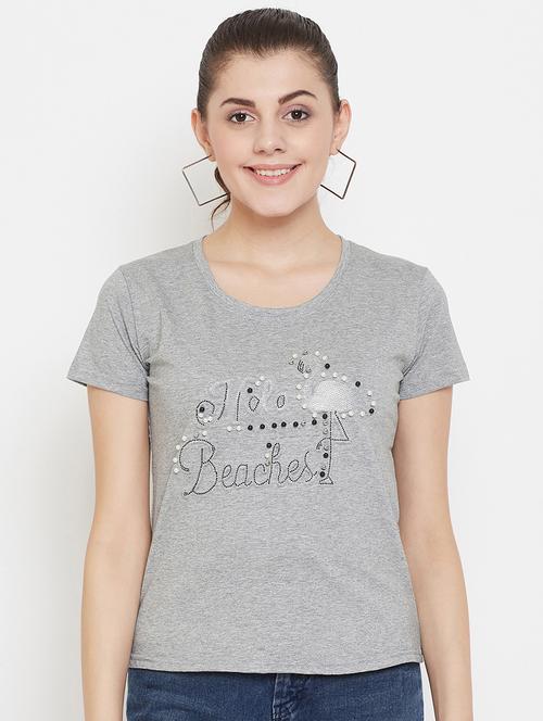 women's chest print round neck t-shirt - 17212652 - Standard Image - 0