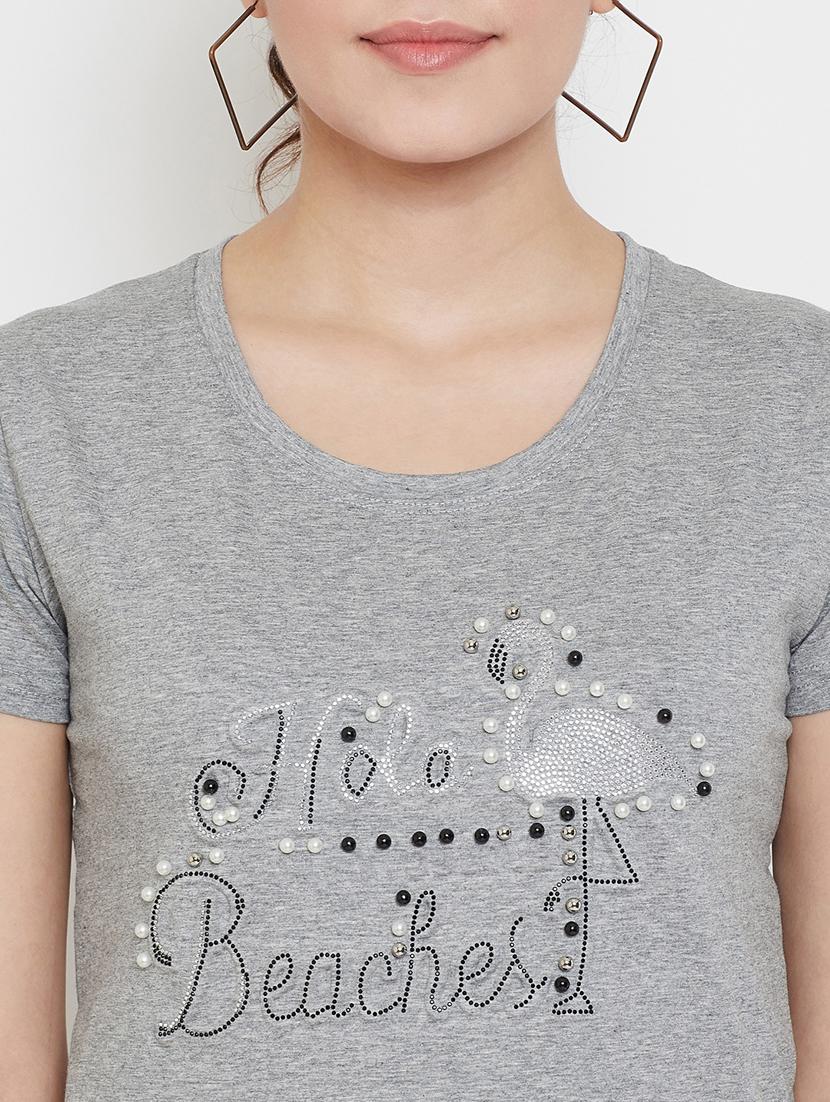 women's chest print round neck t-shirt - 17212652 - Standard Image - 4
