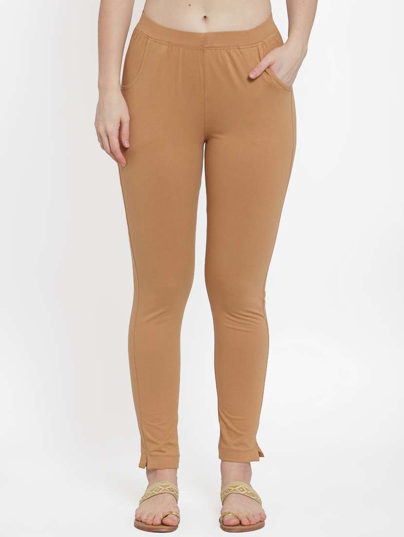 beige solid ankle length legging