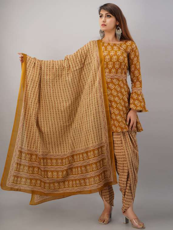 women mustard dhoti kurta set with dupatta