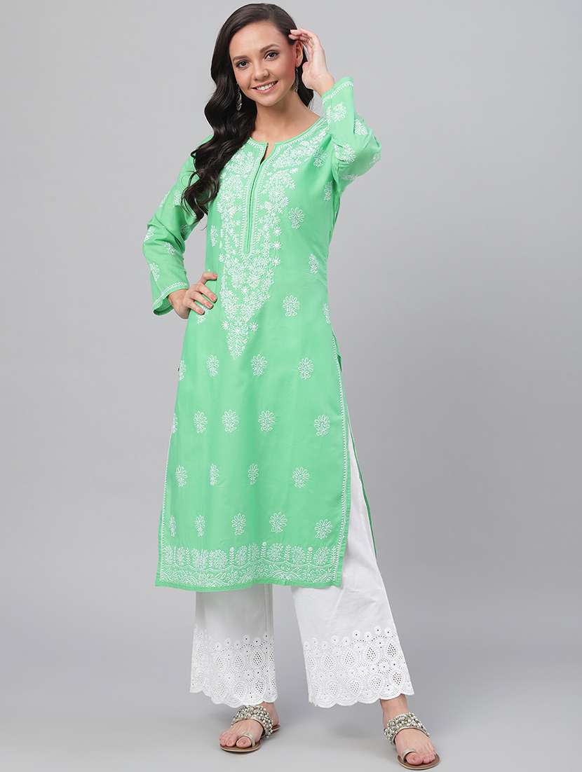 long green cotton chikankari lucknowi kurta for women