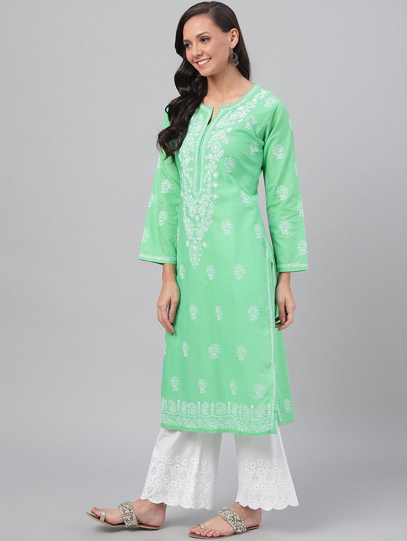 long green cotton chikankari lucknowi kurta for women - 17219223 - Standard Image - 1