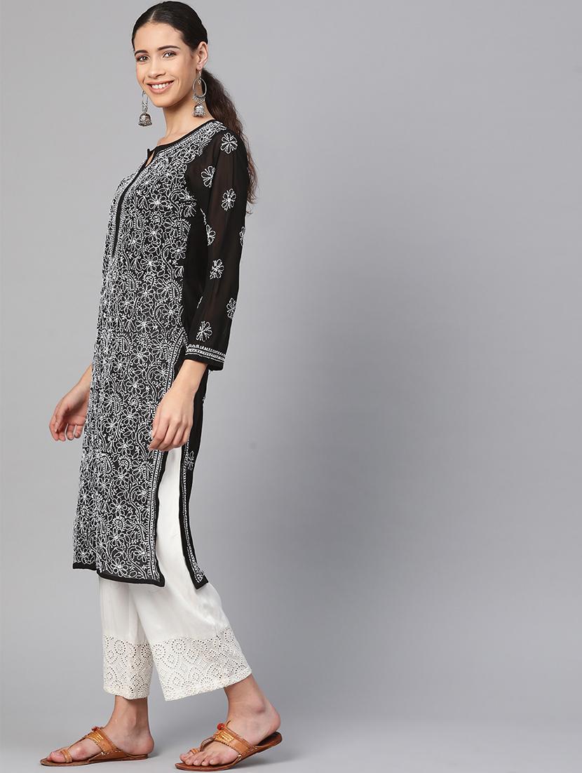 georgette black straight lucknowi chikan kurta - 17220735 - Standard Image - 1