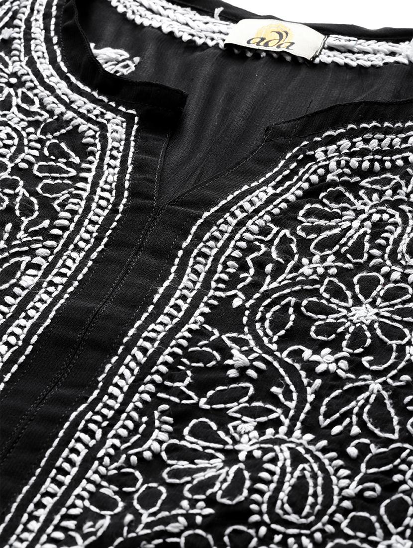 georgette black straight lucknowi chikan kurta - 17220735 - Standard Image - 4