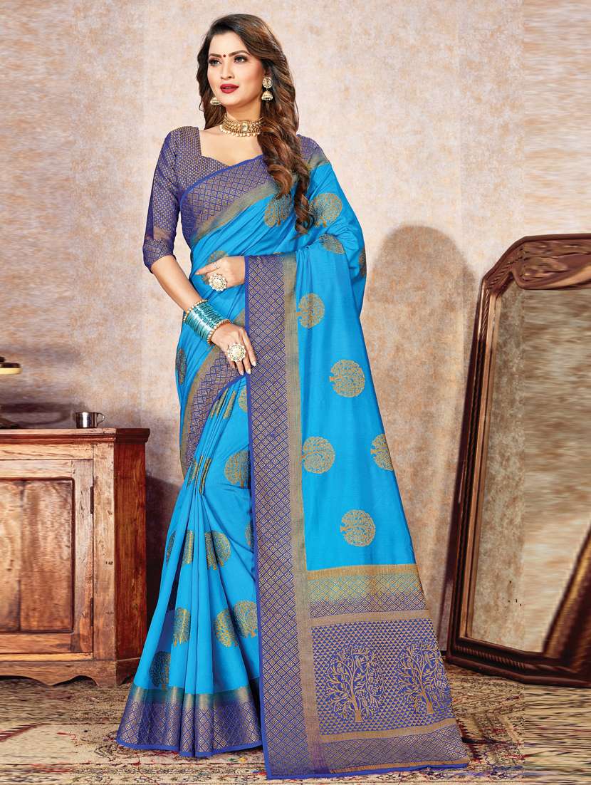 women's self design royal blue colored saree with blouse
