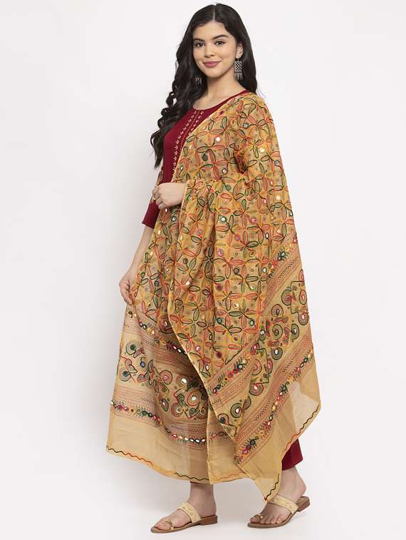 beige floral embroidered mirror work dupatta