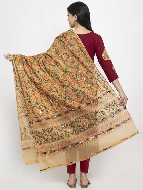 beige floral embroidered mirror work dupatta - 17226203 -  Standard Image - 1