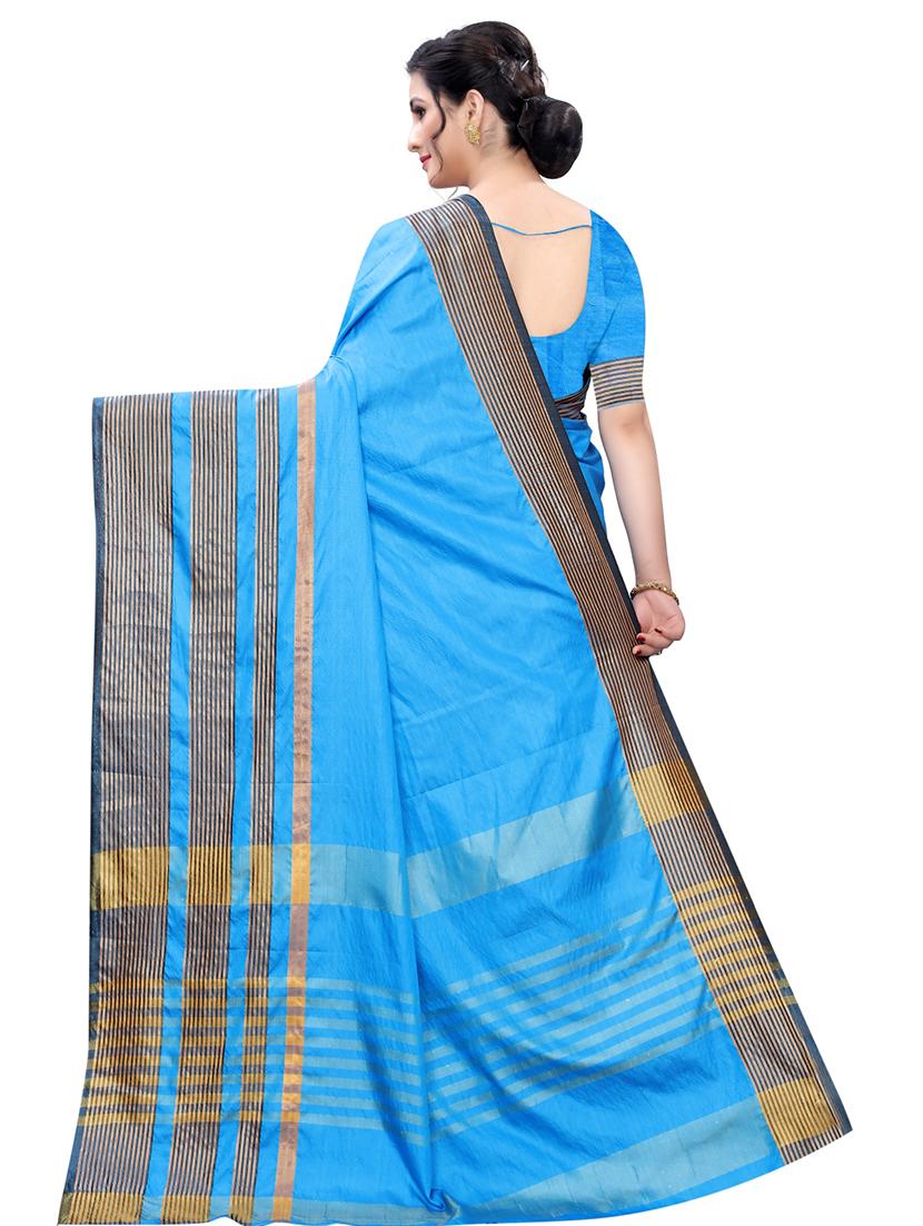 turquoise cotton silk saree with blouse - 17230088 - Standard Image - 1
