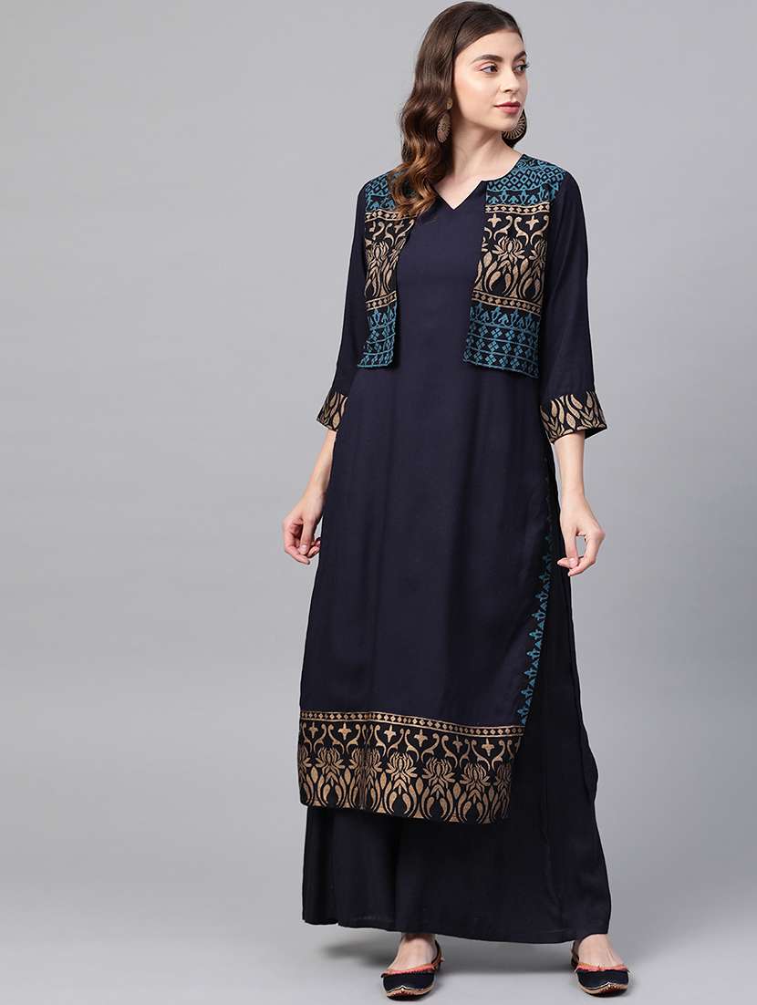 gold print straight kurta with jacket 