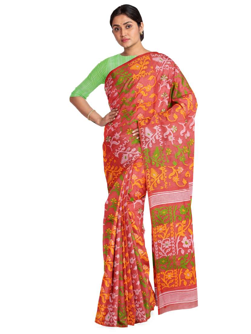 women's self design red colored saree